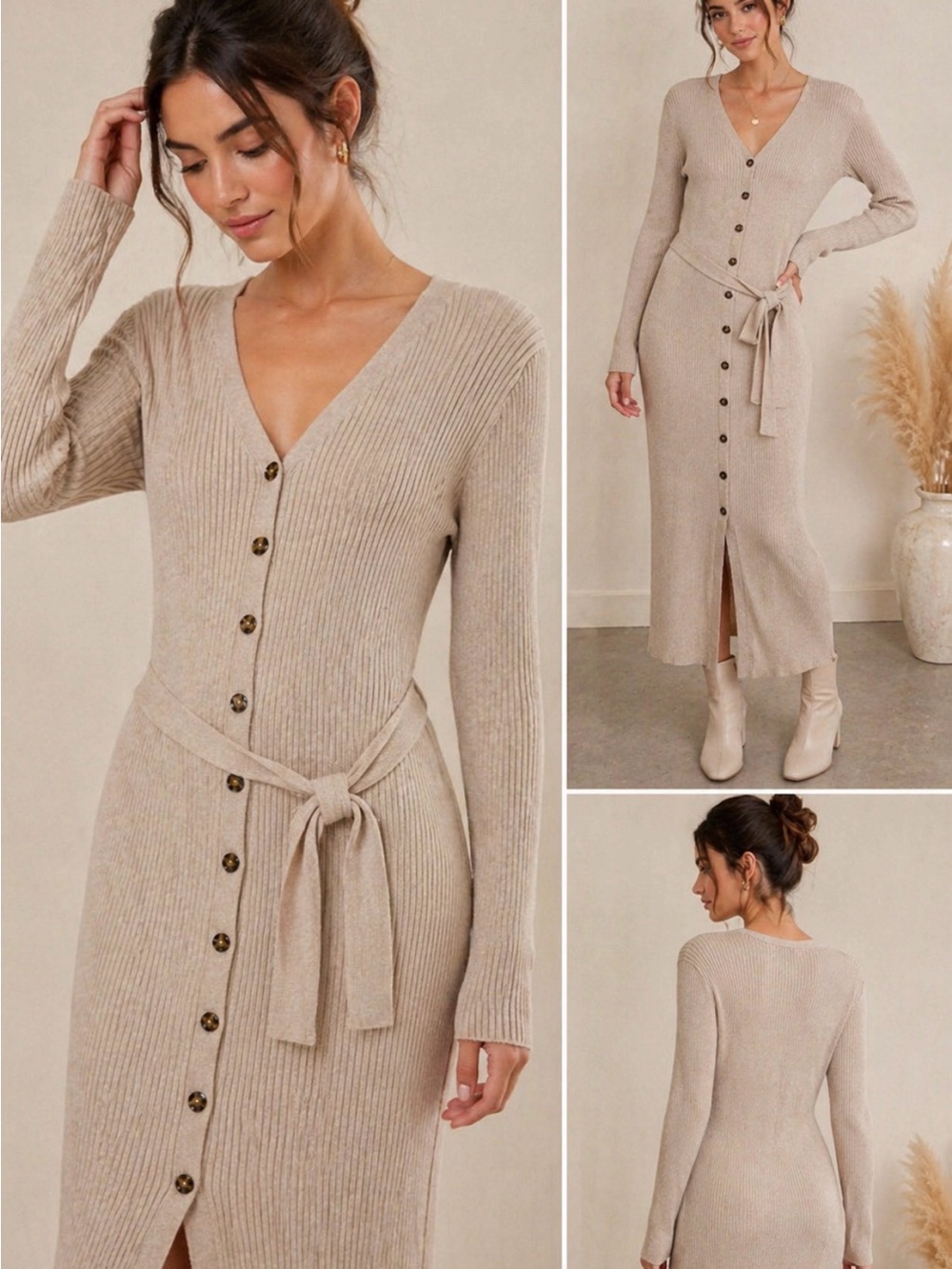 Pink Rose Ribbed Knit Midi Dress Beige Button Front Tie Waist Long Sleeve M